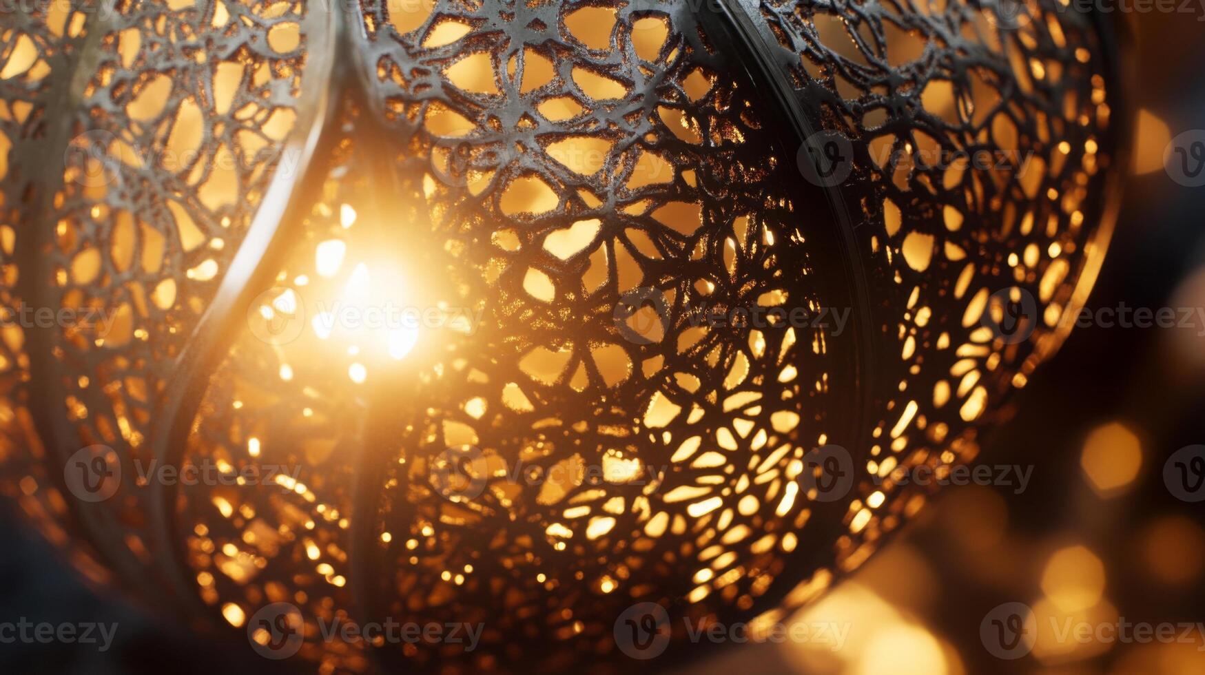 Intricate metalwork lamp casting ethereal light and shadows in a warm golden glow ambience photo
