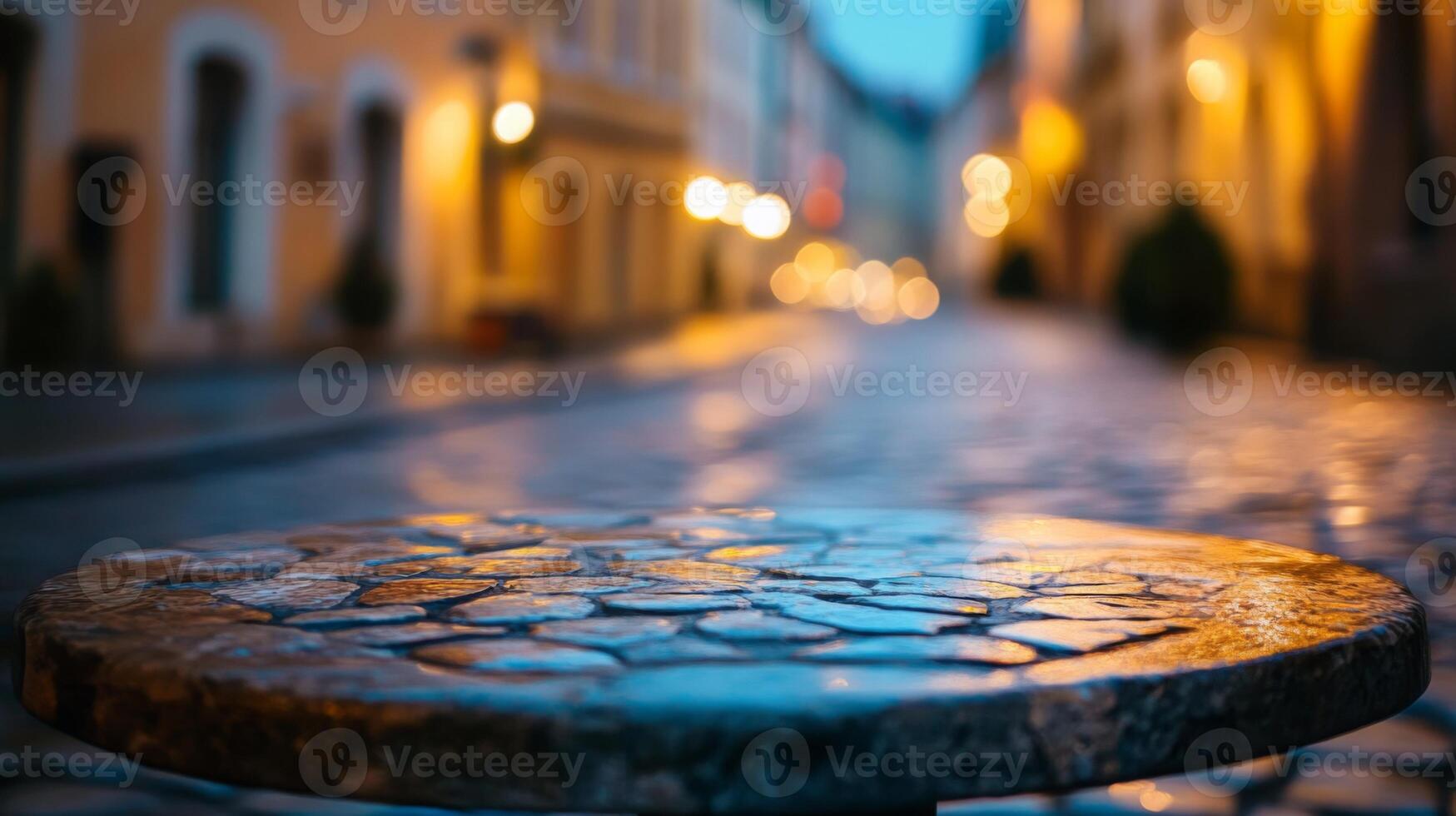 Illuminated European street view from a tabletop perspective on a tranquil evening photo