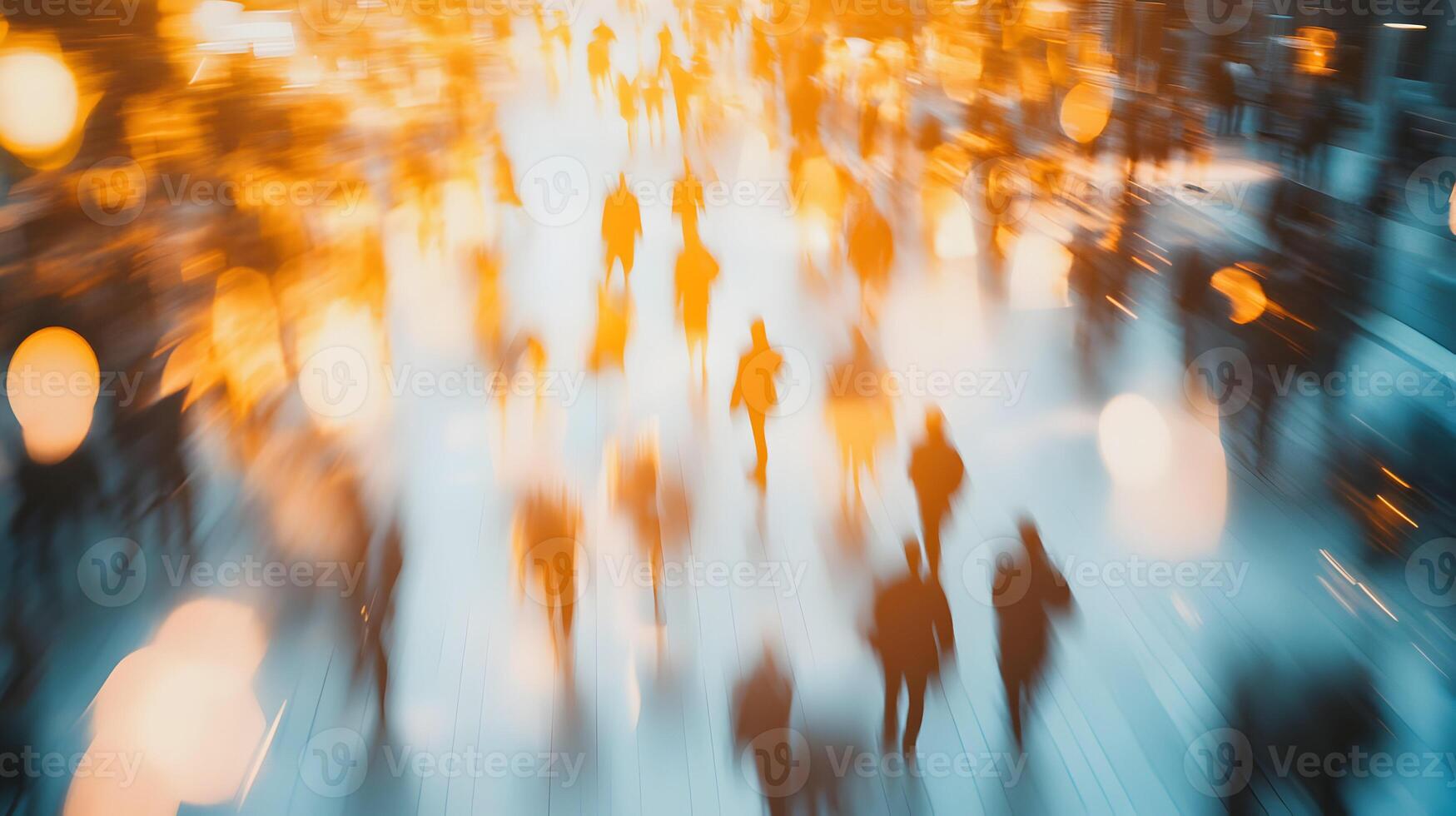 Blurred motion of people walking in a modern city creates a dynamic abstract scene photo