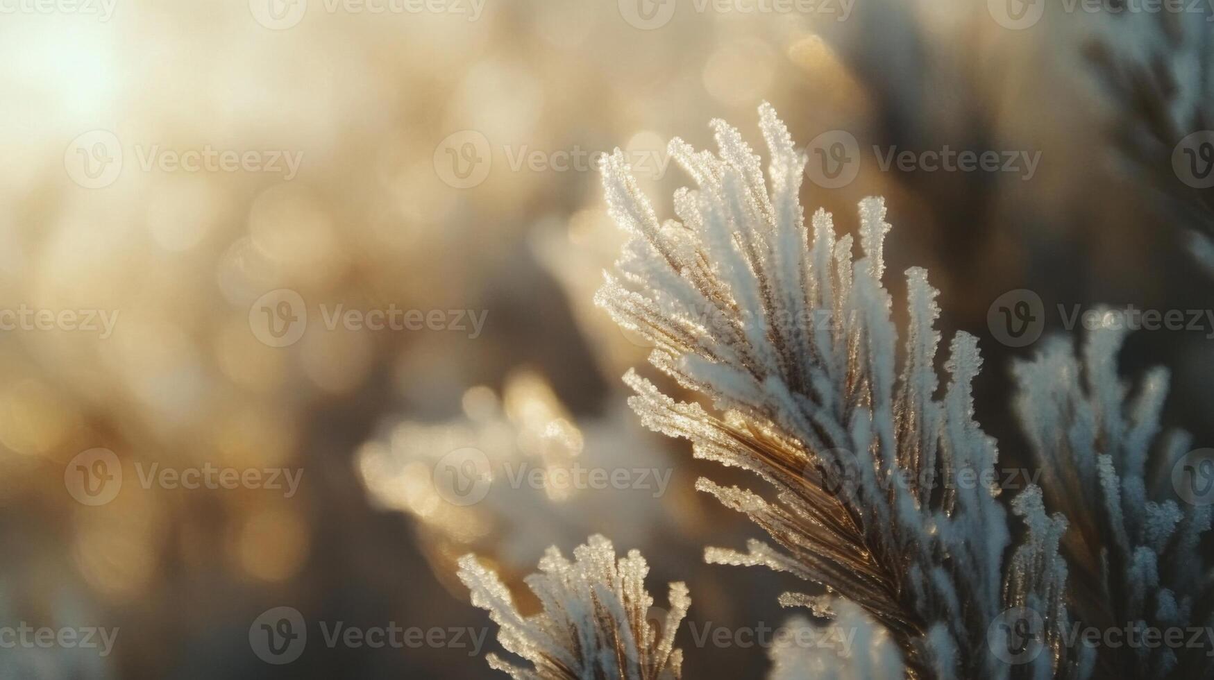 Delicate frost crystals adorn the delicate branches, illuminated by warm sunlight's gentle kiss photo