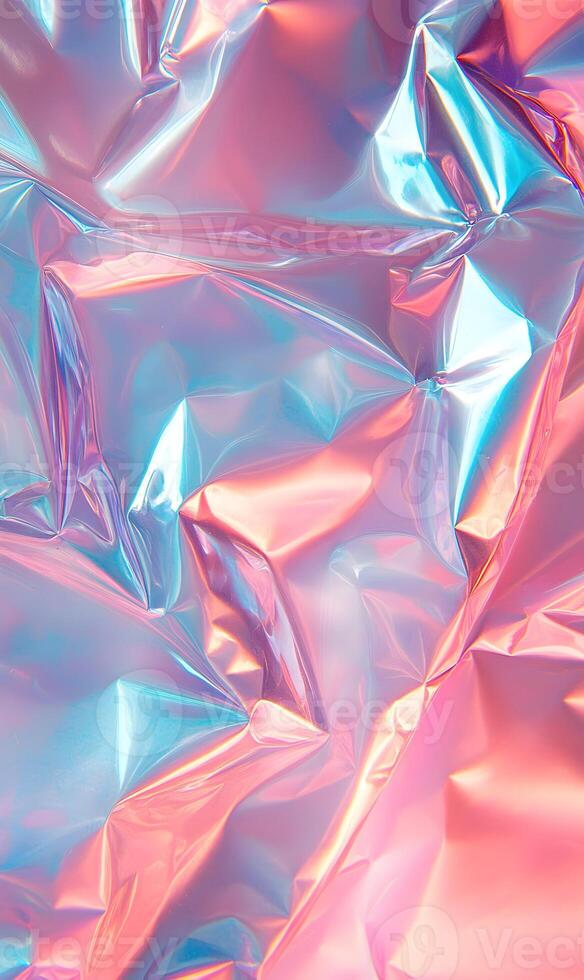 Iridescent foil surface with dynamic folds and reflections, a captivating interplay of colors photo