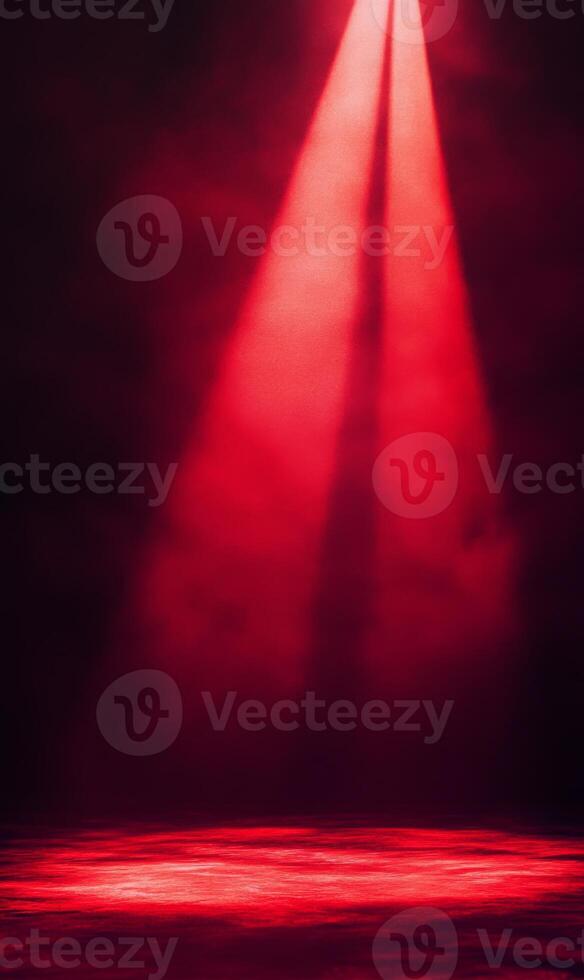 Intense scarlet spotlights cutting through foggy darkness creating a dramatic ambiance photo