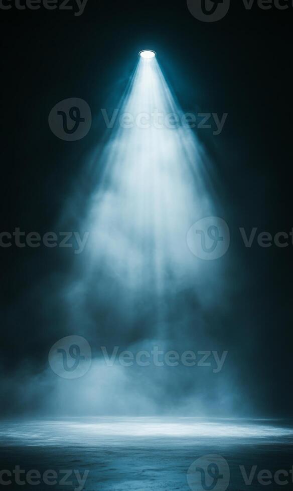 Ethereal illumination beam on enigmatic stage shrouded with vaporous fog spreading on surface photo