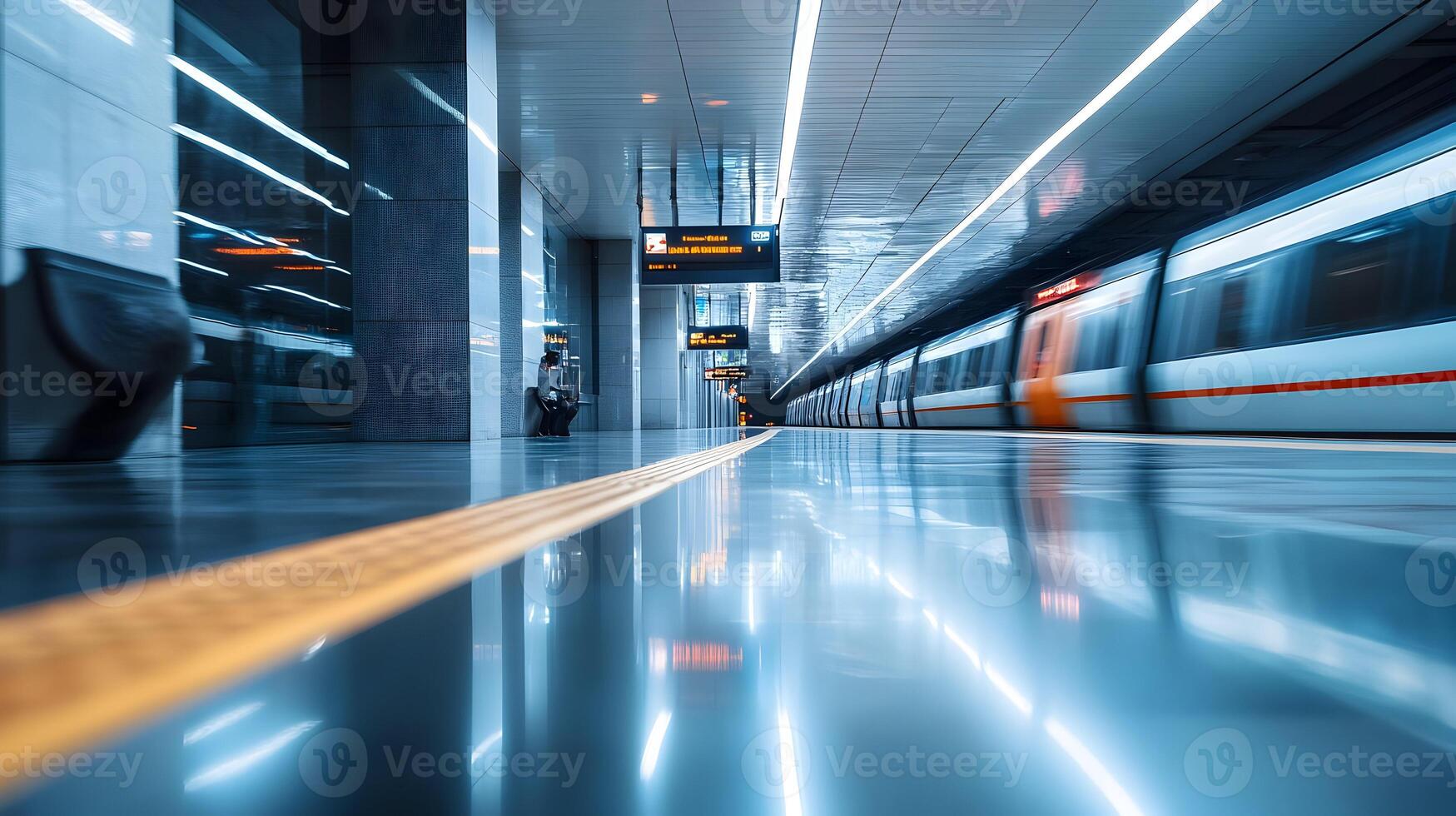 Modern subway station featuring blurred train and reflective floor creating dynamic scene photo