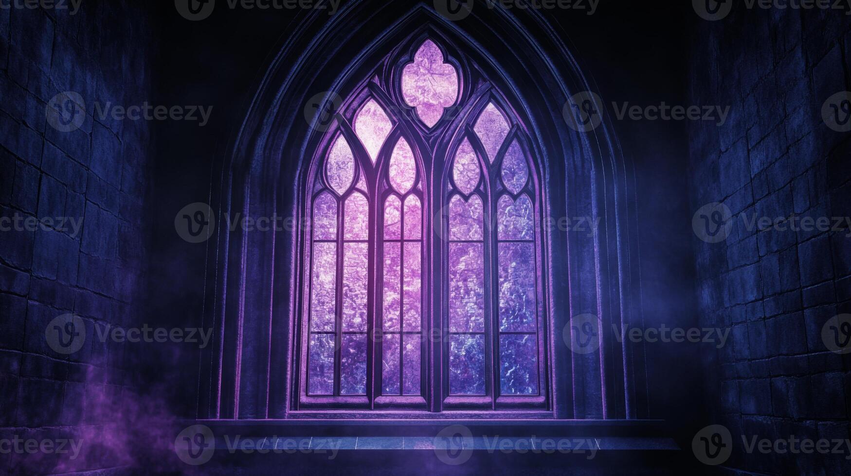 Mystical gothic architecture, stained glass window bathed in ethereal purple luminescence photo