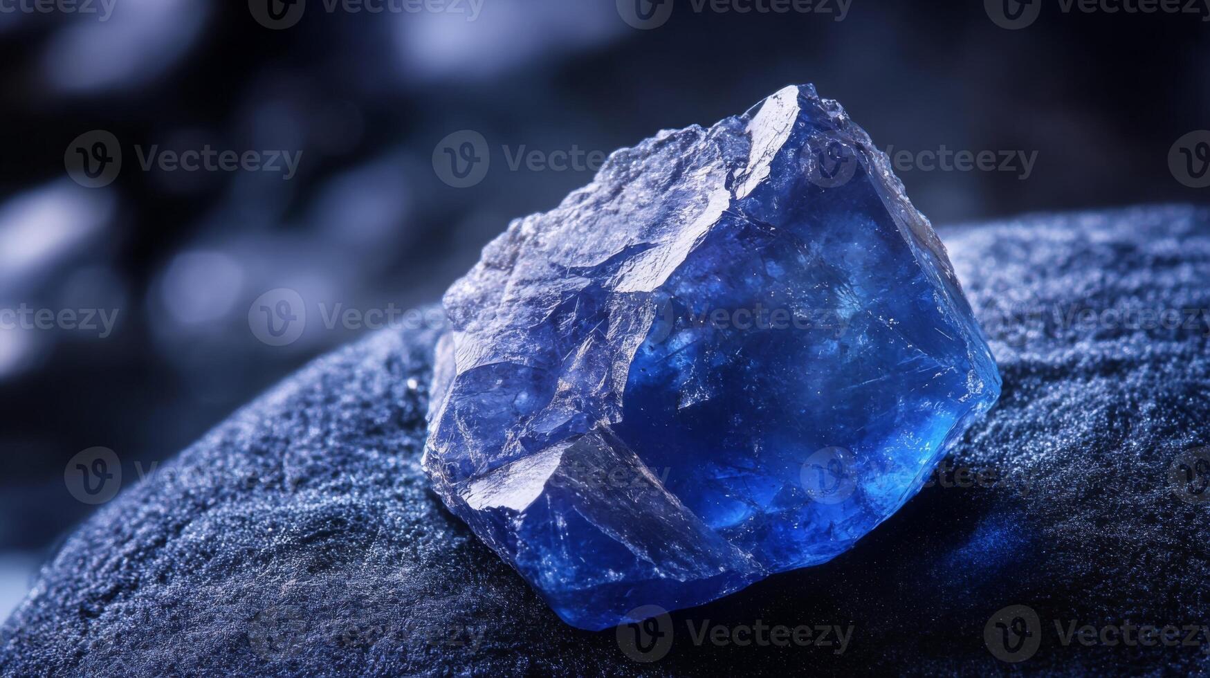 Captivating sapphire gemstone with textured rock bed under a soft ethereal glow backdrop photo