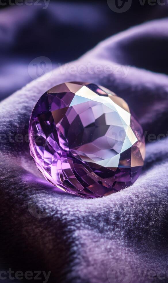 Radiant Amethyst Gemstone Laying on Luxurious Velvet Fabric with Complex Faceted Cut photo