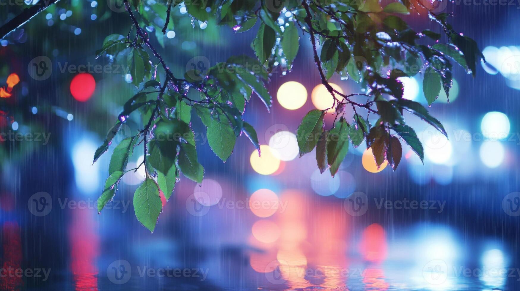 Urban evening rain scene with tree branch, blurred lights and reflections adding serenity photo