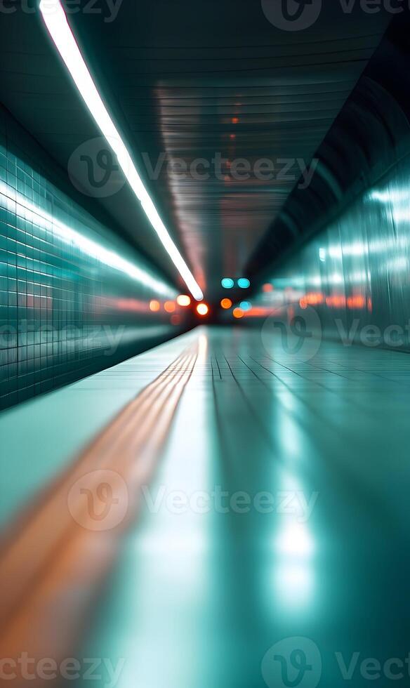 Abstract view of a subway station platform with lights illuminating the tunnel photo