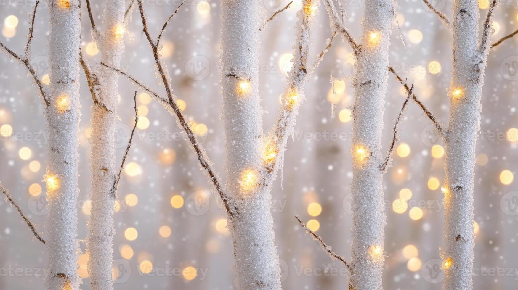 Enchanted birch trunks sparkling with festive lights and frosty snow effect for magical season photo