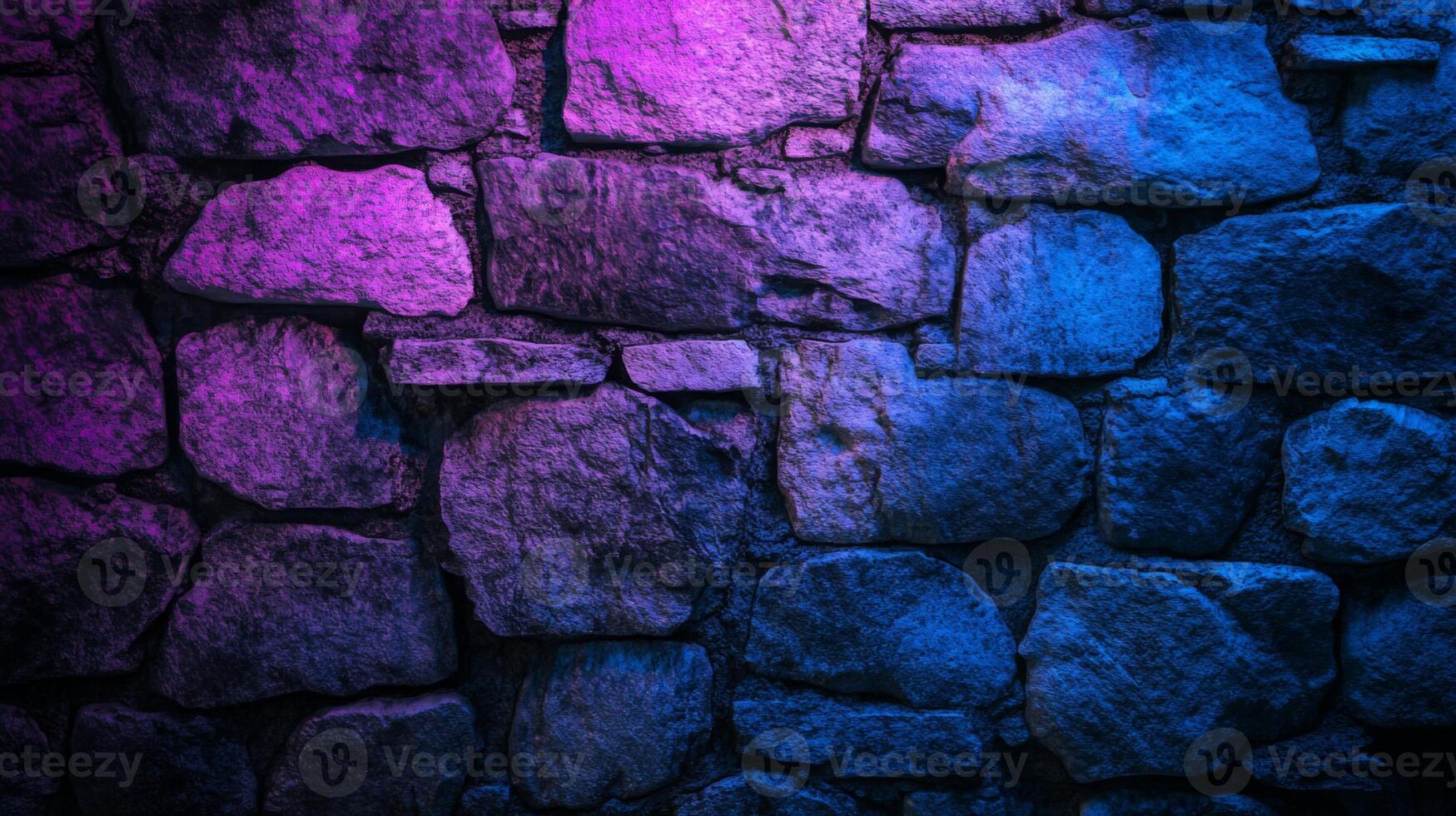 Textured stone wall illuminated with captivating neon blue and vibrant magenta hues photo