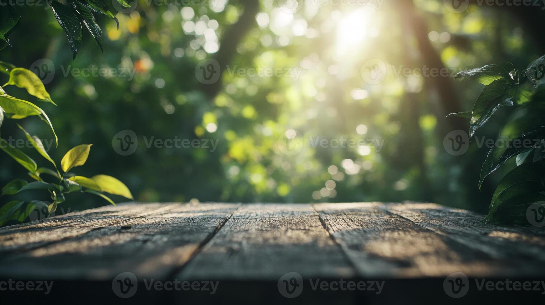 Sunlit wooden surface backdrop with verdant foliage and diffused bokeh background creating atmosphere photo