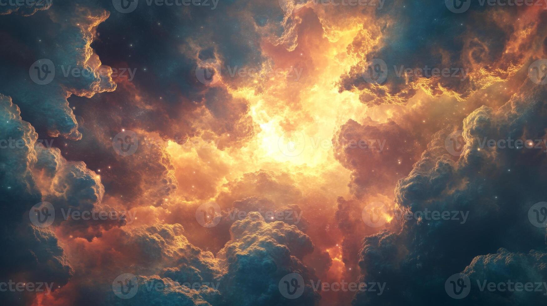 Celestial Tapestry Ethereal Clouds Radiating Golden Light Mystical Atmosphere Scenery photo
