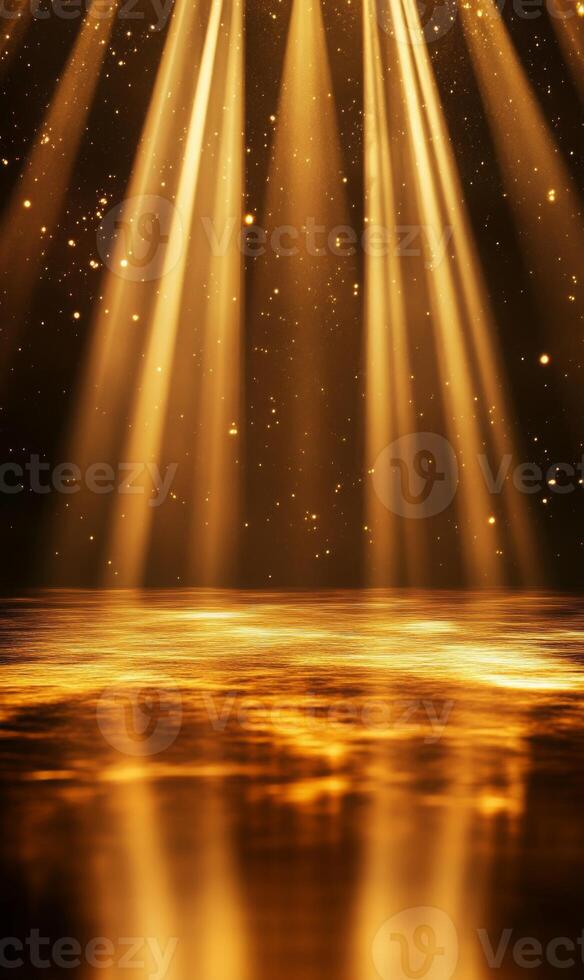 Golden illumination with radiant shafts and glitter on a reflective, shimmering surface photo