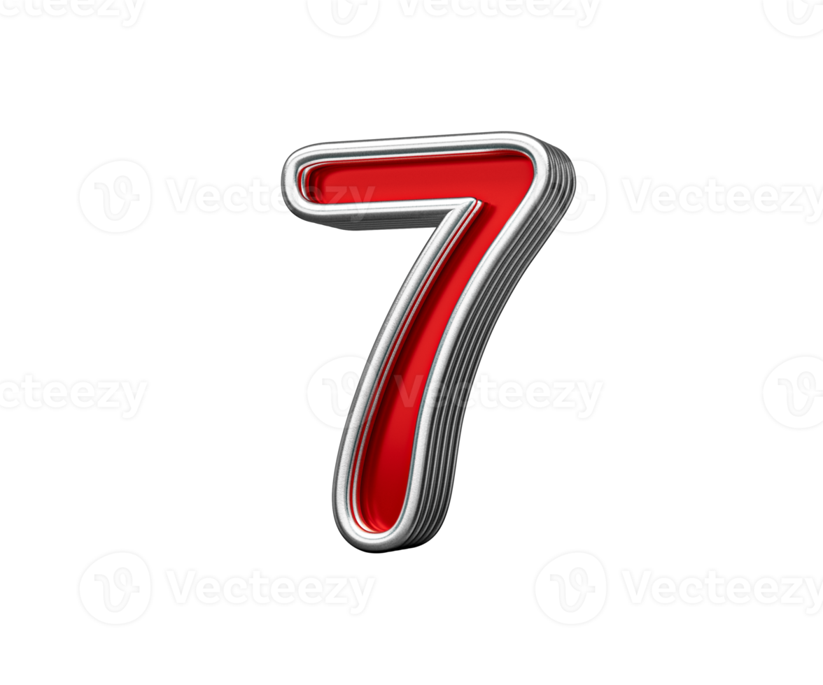 Vibrant Red Number Seven 7 With Metallic Gleam And Beveled Edges 3D Illustration png