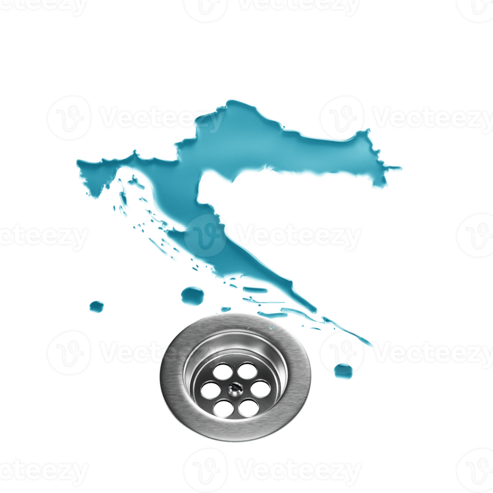 Croatia Water Map With Drainage Metal Sink Save Water And Water Wastage Concept 3D Illustration png