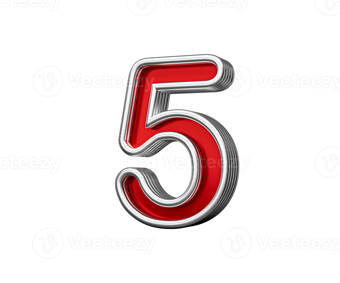 Vibrant Red Number Five 5 With Metallic Gleam And Beveled Edges 3D Illustration png