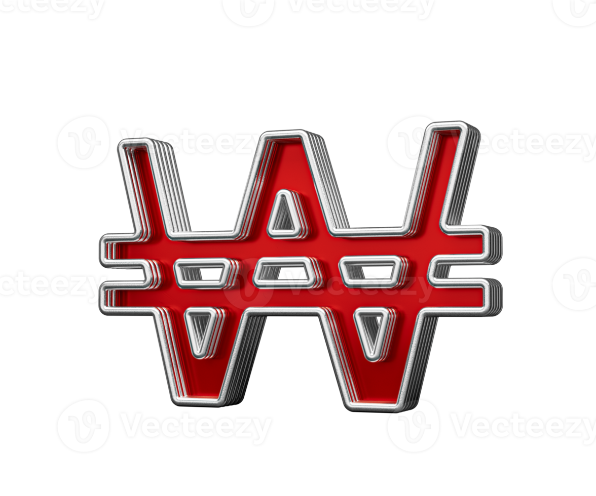 Vibrant Red Korean Won Currency Symbol With Metal Gleam And Beveled Edges 3D Illustration png