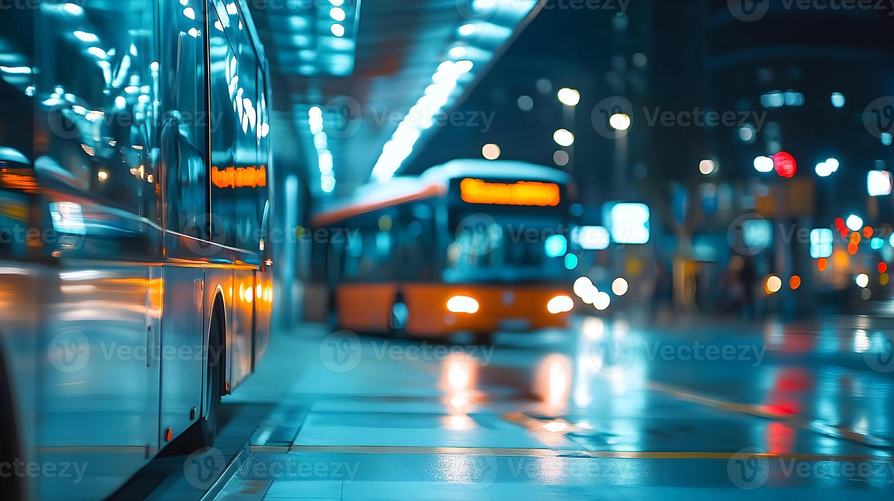 Vibrant Cityscape Buses with Bokeh Lights and Reflections on a Rainy Evening Ambiance photo