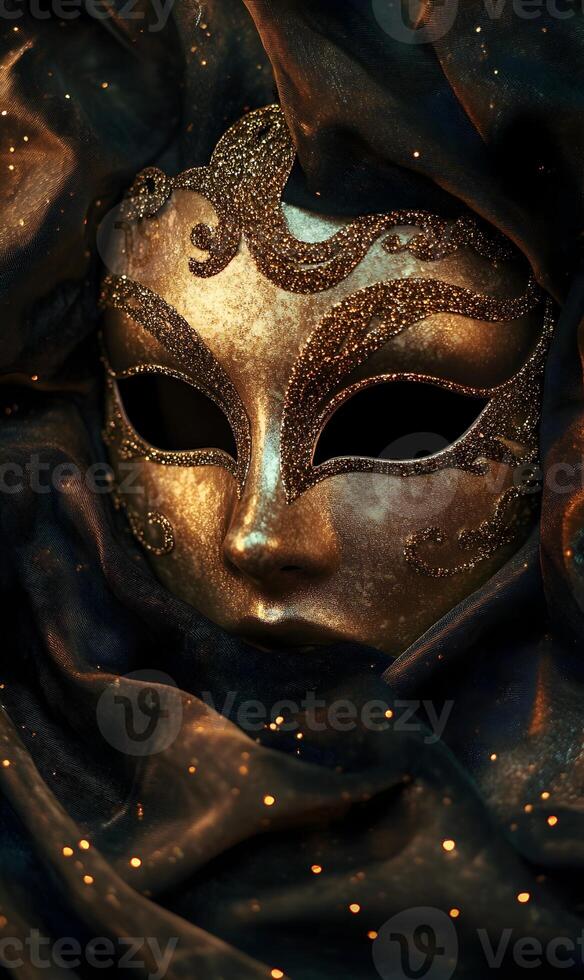 An elegant venetian mask with golden decorations and draped fabric in a mysterious setting photo
