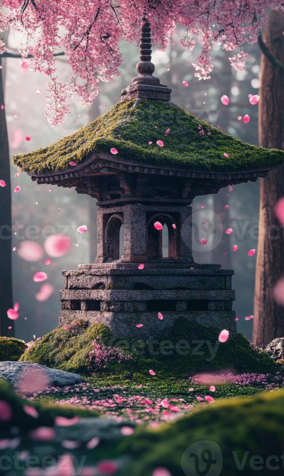 Ancient stone lantern embraced by moss and sakura petals in serene woodland photo