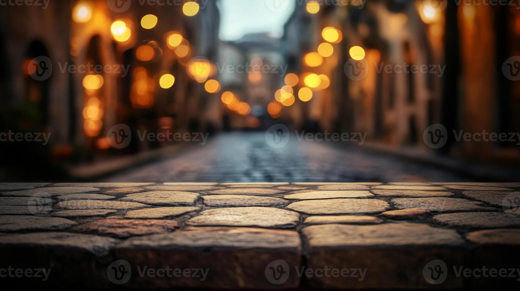 Atmospheric cobblestone perspective with blurred street lights beckoning in the night photo