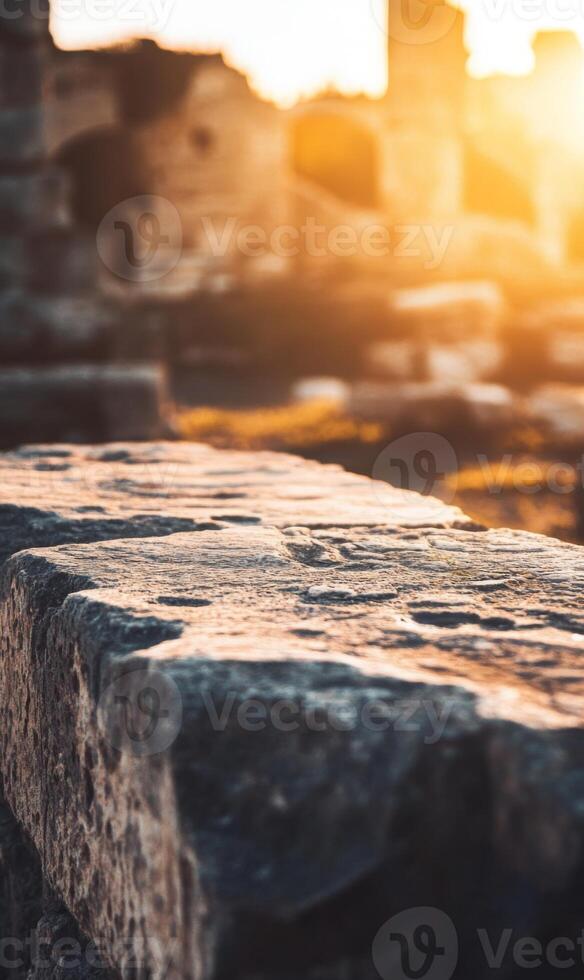 Ancient stone architecture bathed in golden light, showcasing weathered texture and depth of history photo