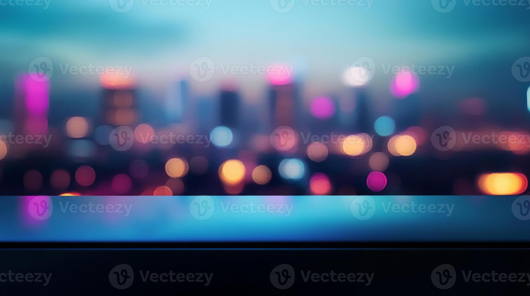 Abstract cityscape backdrop with shimmering bokeh lights and sleek modern surface texture photo