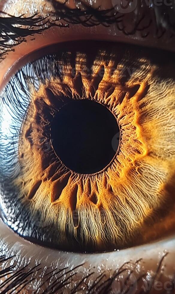 Detailed macro shot exhibiting a captivating human eye with intricate iris pattern photo
