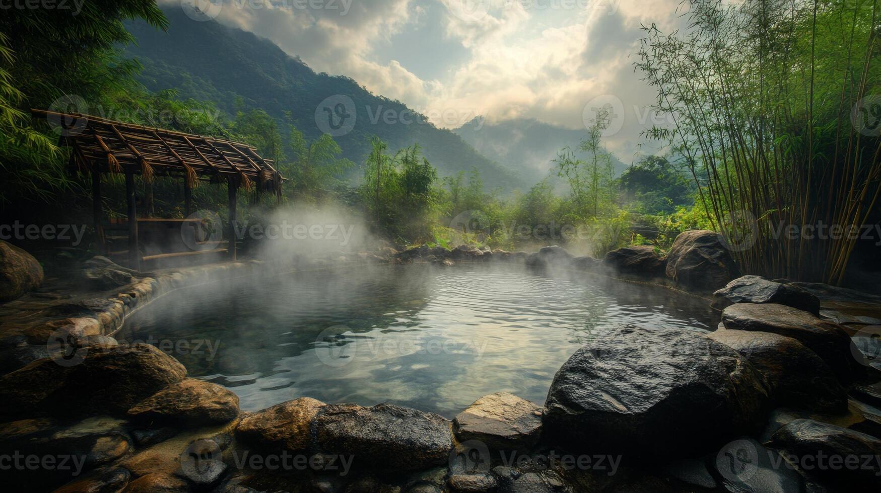 Serene mountain onsen, steaming waters in a secluded bamboo forest, therapeutic retreat photo