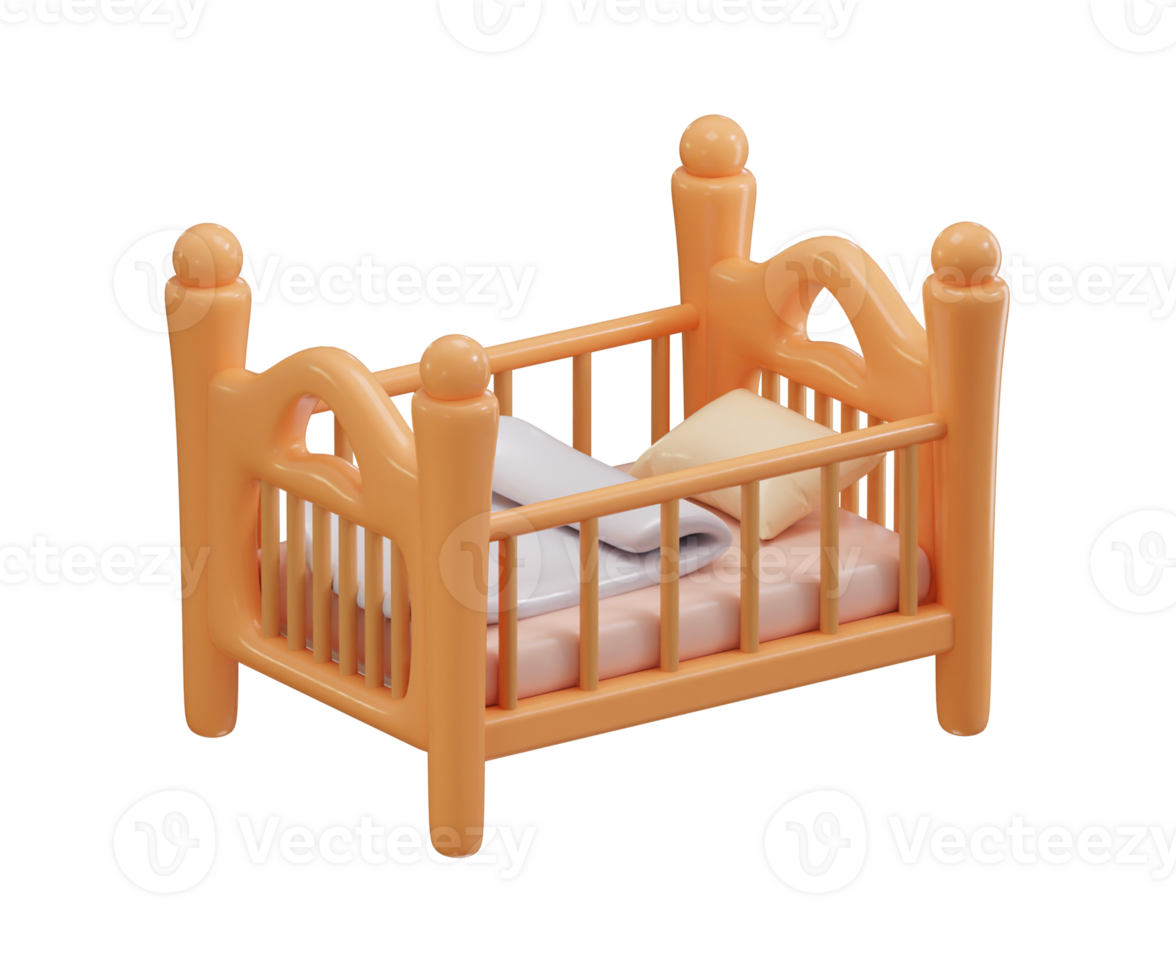 Wooden baby bed 3d render concept of children bedroom comfortable furniture illustration png
