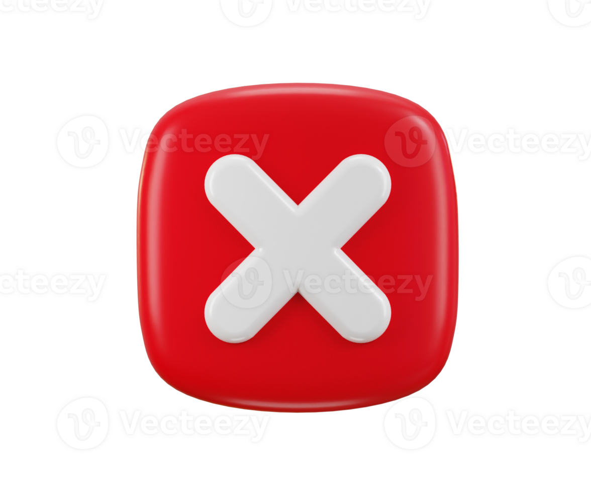 Cross Mark icon 3d render concept of check wrong, failed, false tick, reject, disagree on application illustration png