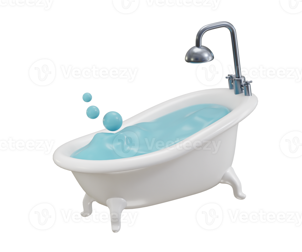 Bathtub with soap bubbles 3d render concept of Furniture and hotel shower bathroom interior illustration png
