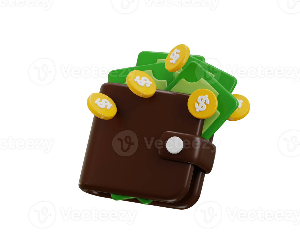 Wallet with money icon 3d render concept of Money wallet with paper dollars and gold coins finance icon illustration png