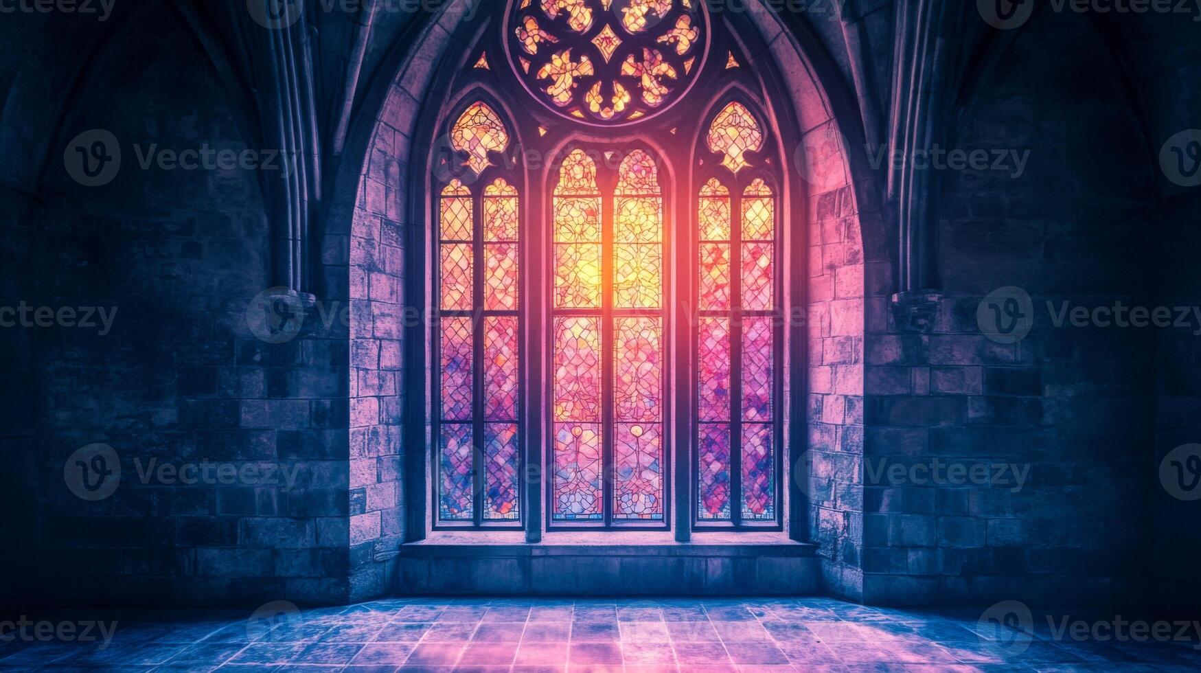 Illuminated gothic stained glass window casts vivid light within a stone church setting photo