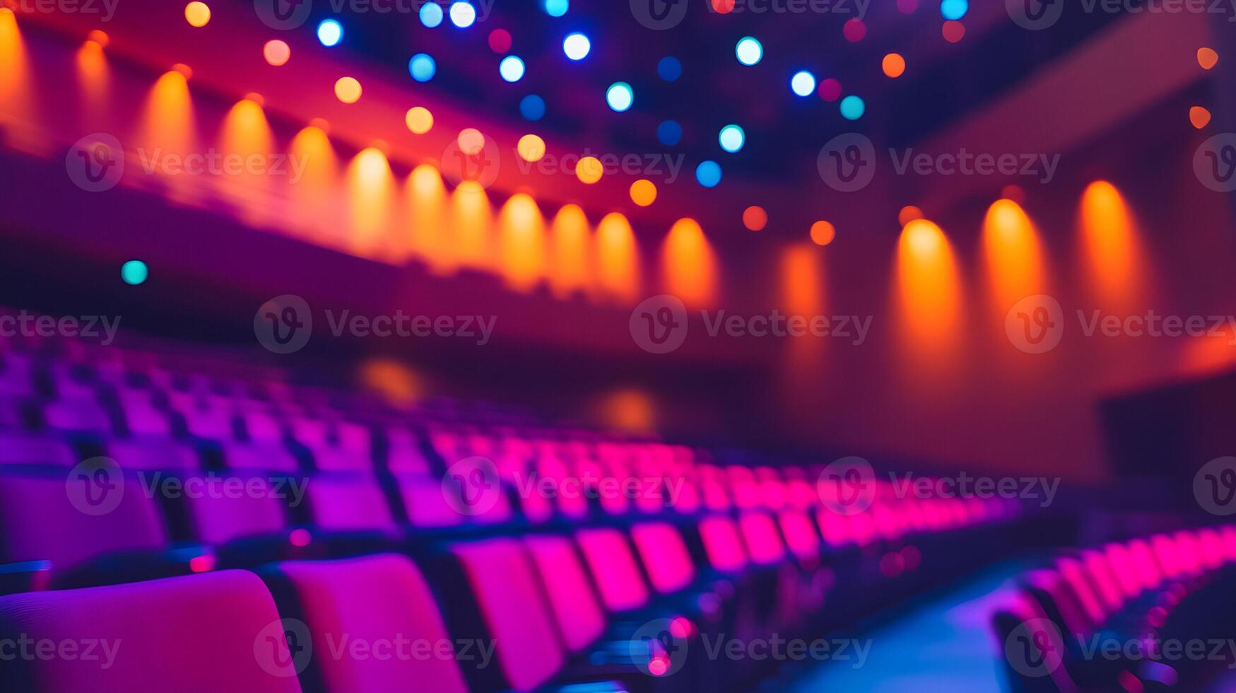 Vibrant Theater Auditorium with Rows of Seats and Stage Lights for Performances photo