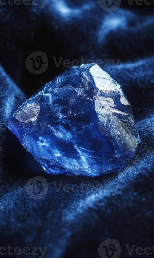 Luminous azure crystal resting on a dark velvet surface with sparkling reflections and edges photo