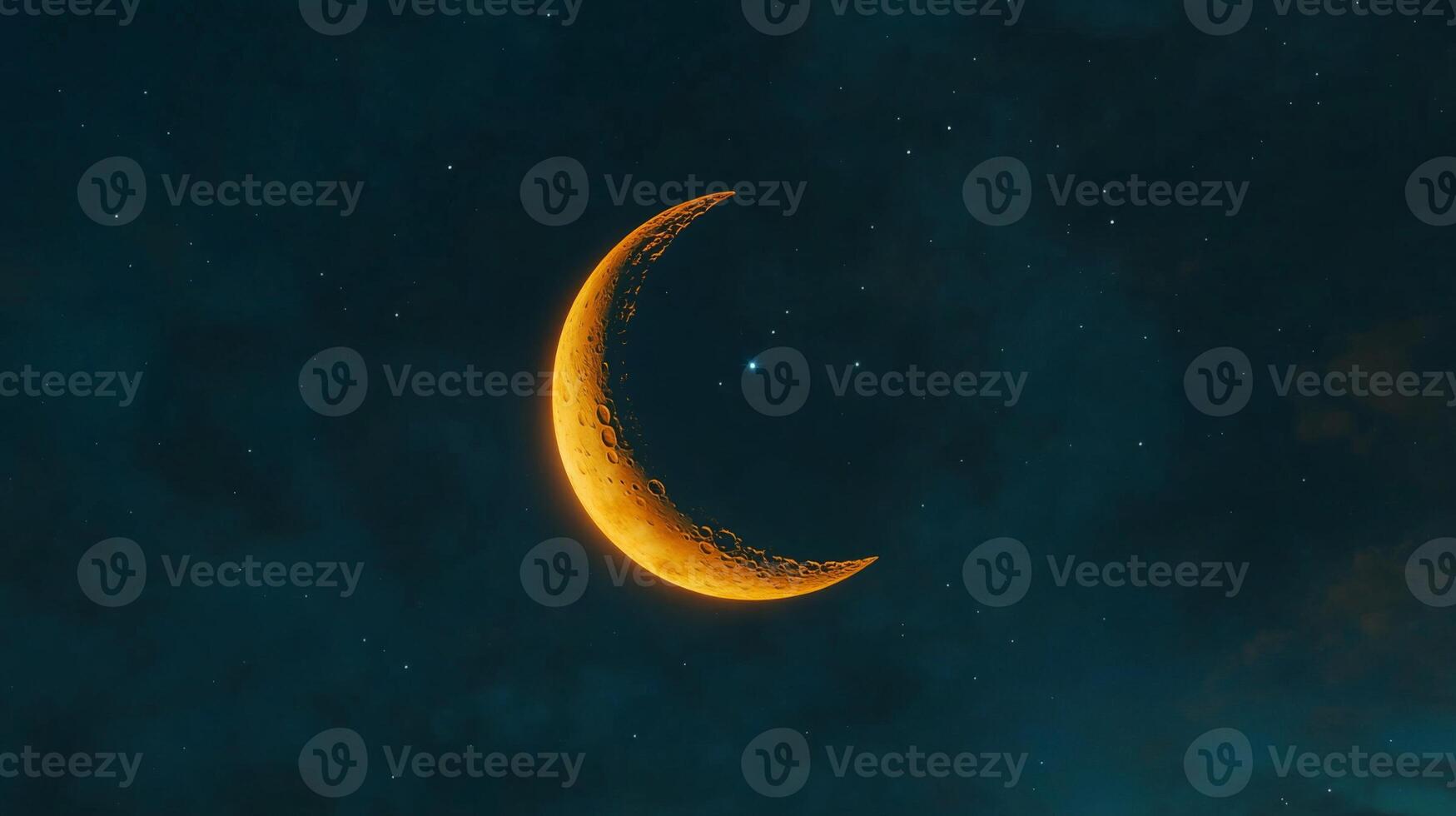 Ethereal crescent moon gleaming brightly amongst distant celestial twinkling orbs above nightscape photo