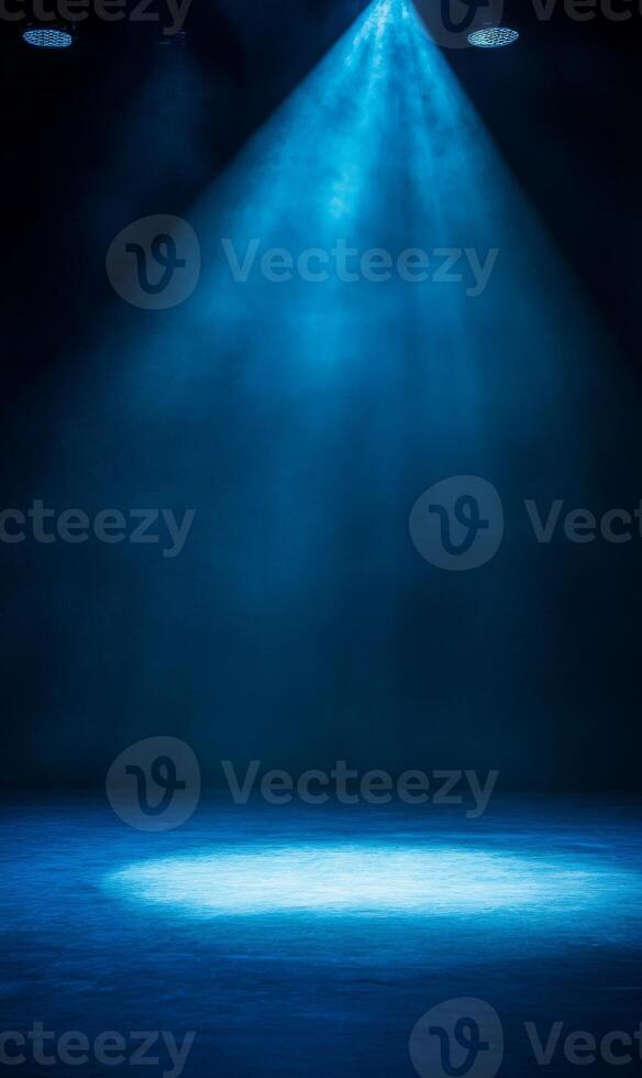 Mysterious luminous blue spotlights beaming down on a dark enigmatic stage background photo
