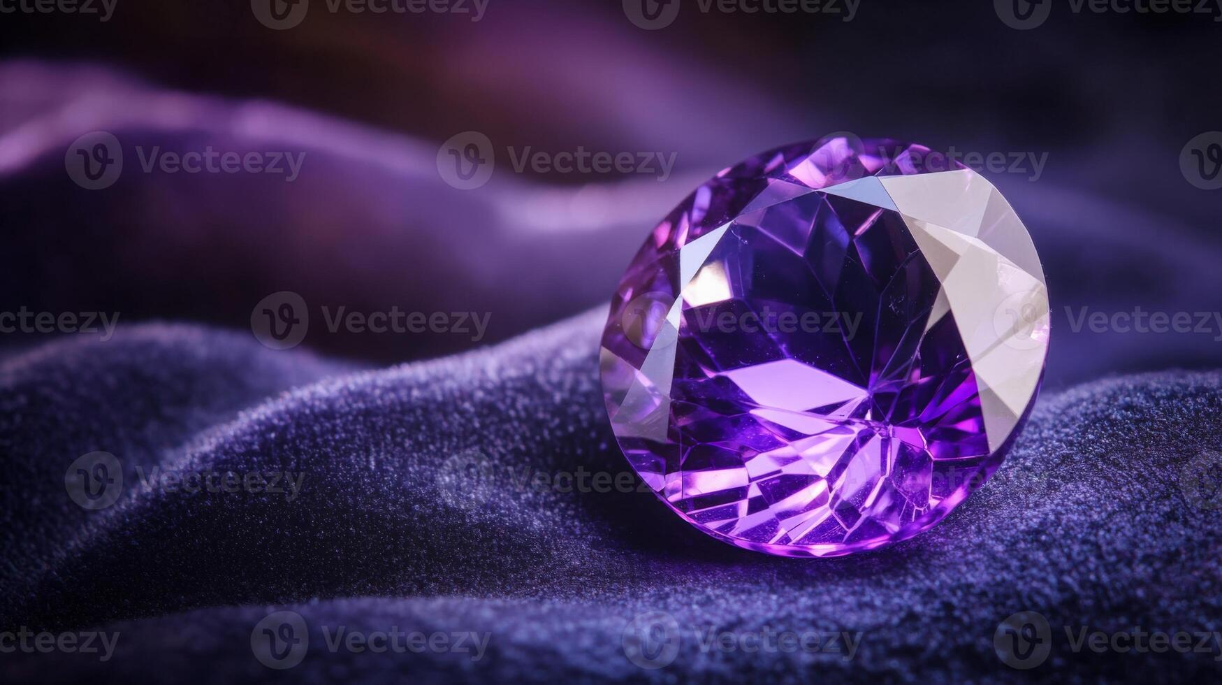 Amethyst radiance a macro perspective of faceted gemstone on velvet fabric with captivating hue photo