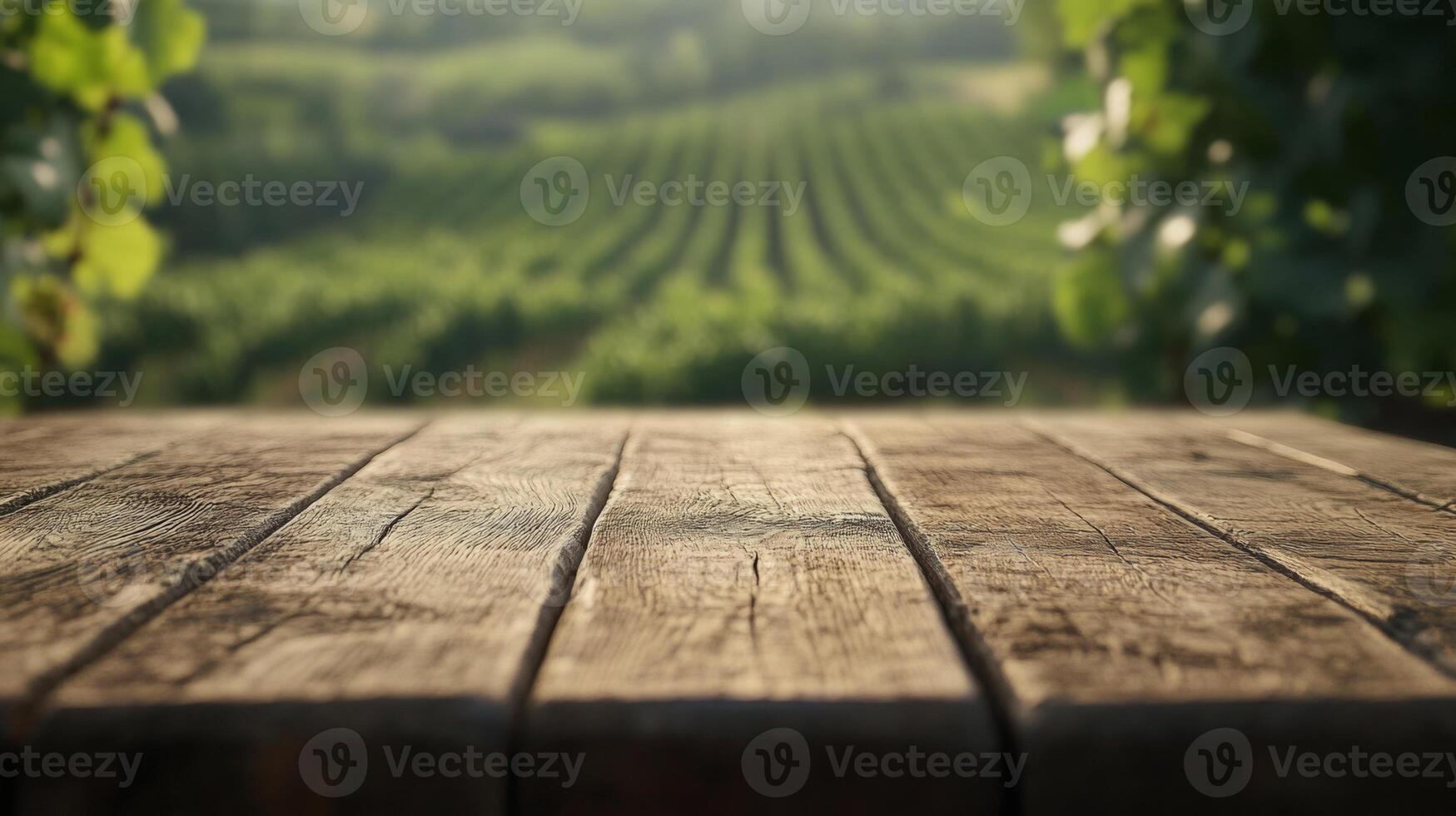 Rustic Wooden Tabletop Overlooking Vineyard Rows in Soft Focus, Blurry Greenery Backdrop photo