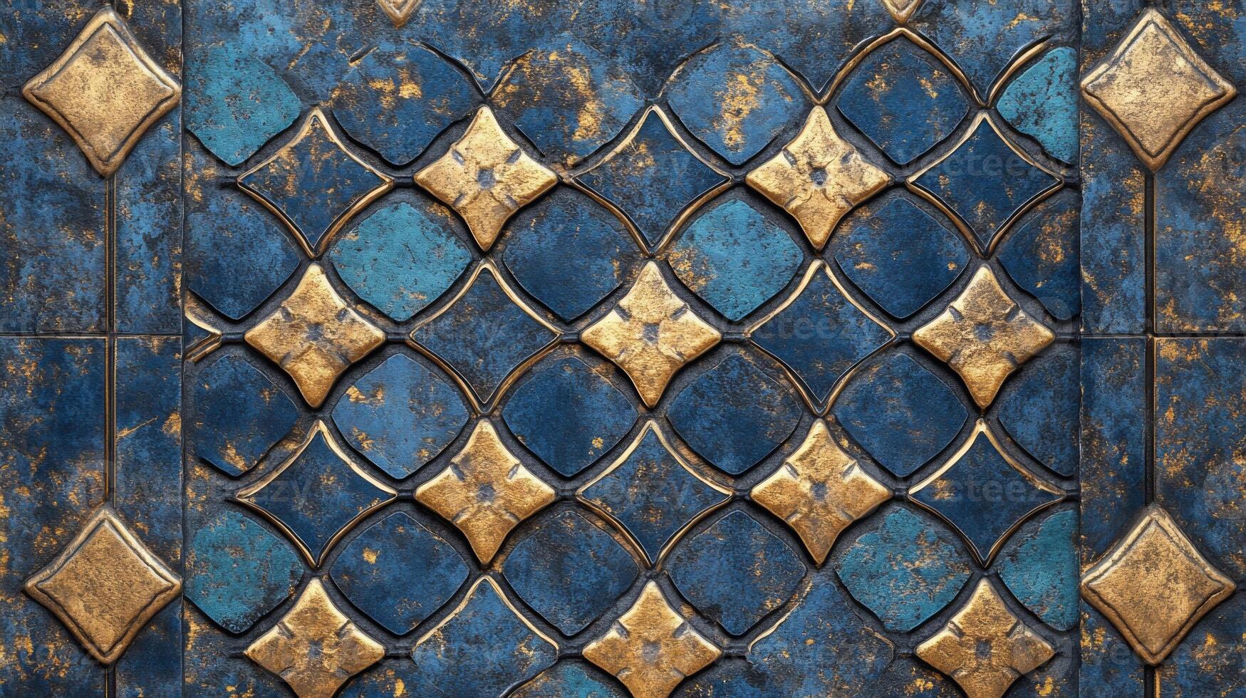 Intricate tiled surface pattern featuring royal blue and gilded elements for regal aesthetics photo
