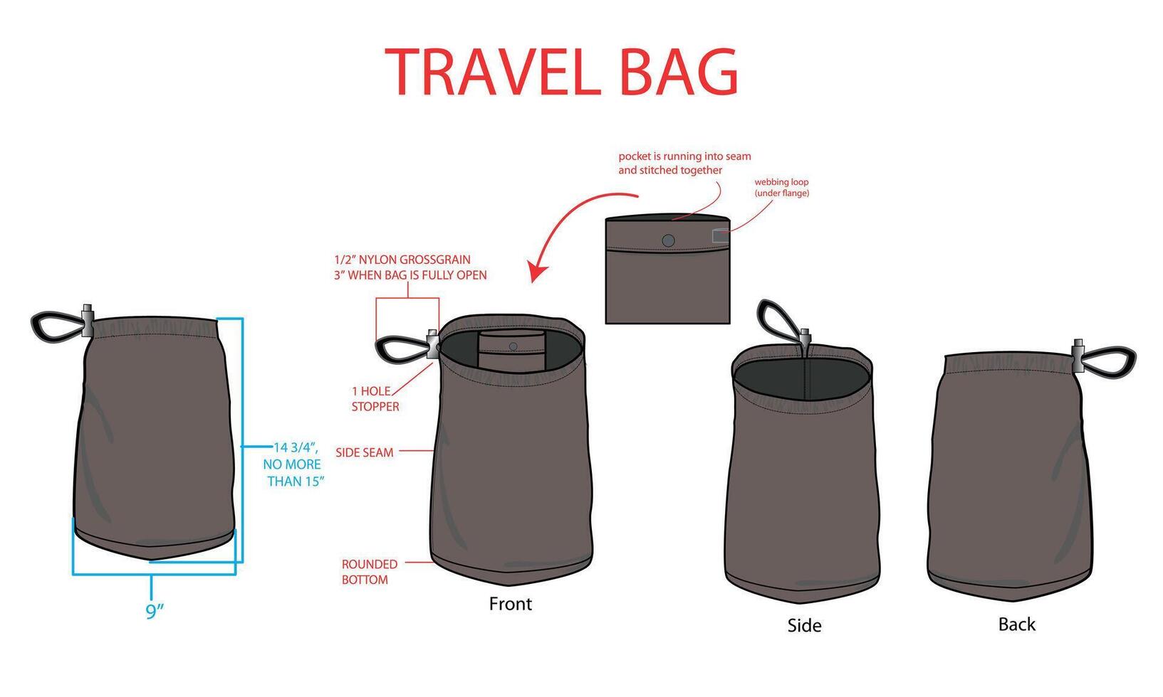Travel bag with a zipper and a zipper pocket isolated on white background vector