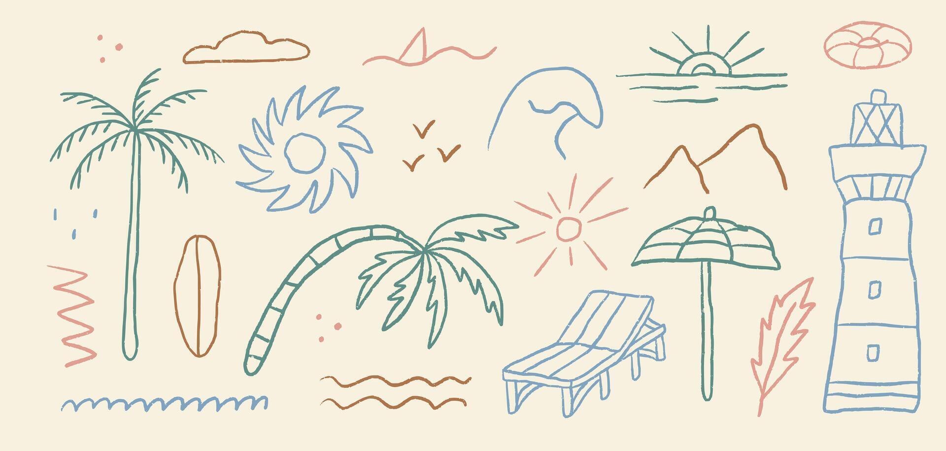 Groovy ink beach summer outline elements. Drawn palm tree and sunbed. Abstract minimal sea and sun in trendy retro naive simple style. vector