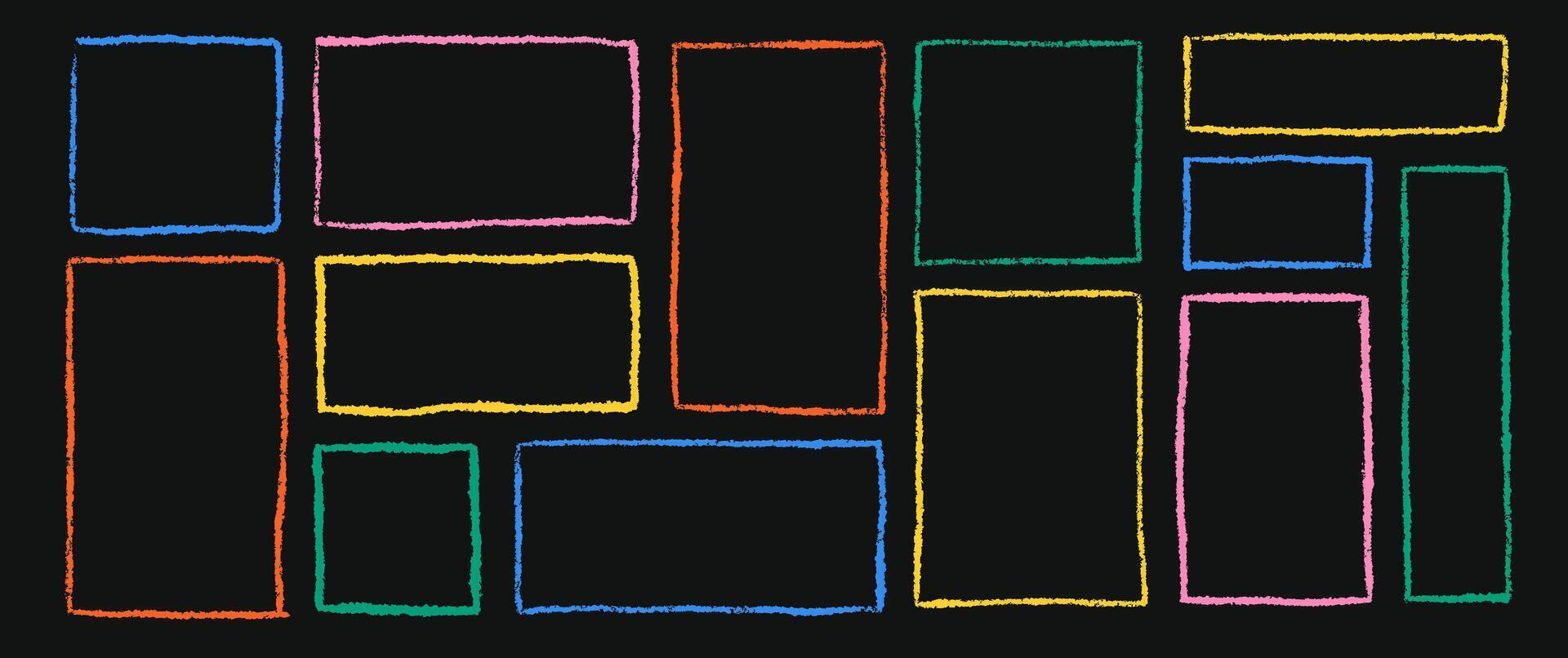 Set of ink drawing multicolor frame. Outline textured border. Empty rectangle for text. Design elements vector