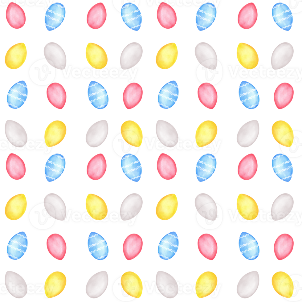 Seamless pattern with white, yellow, blue and pink Easter eggs. Easter background. Hand-drawn watercolor illustration png