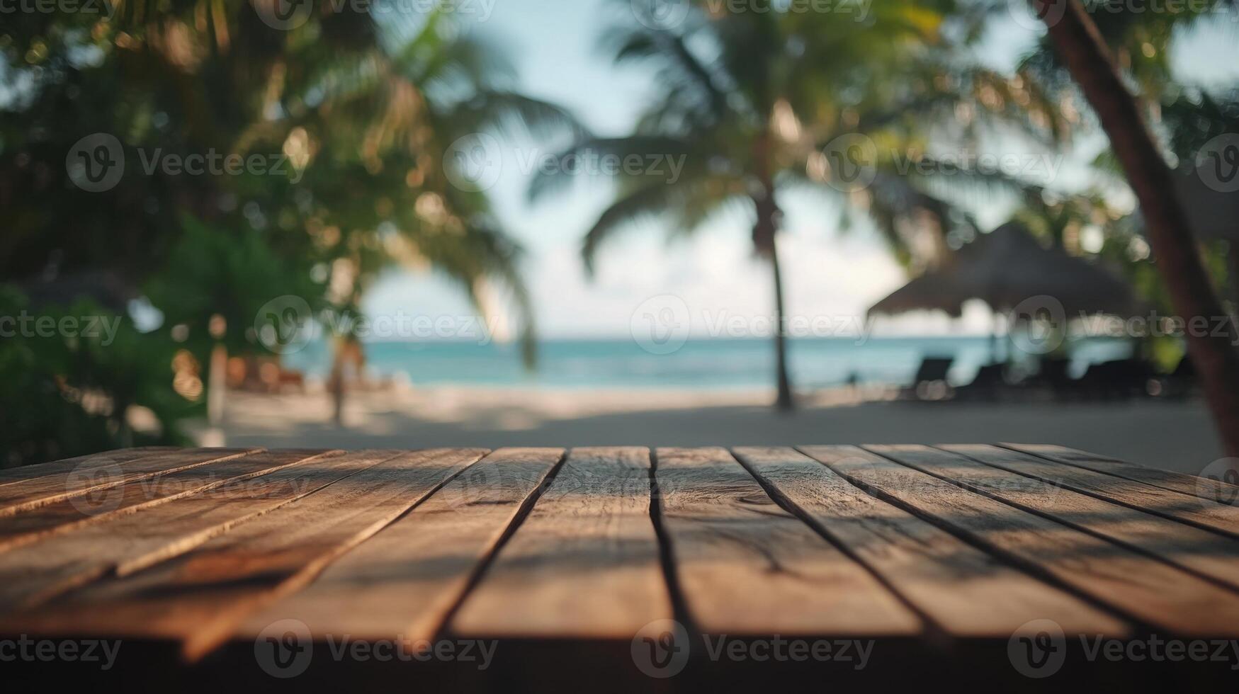 Tropical escape backdrop showcasing wooden plank surface with serene beach view photo