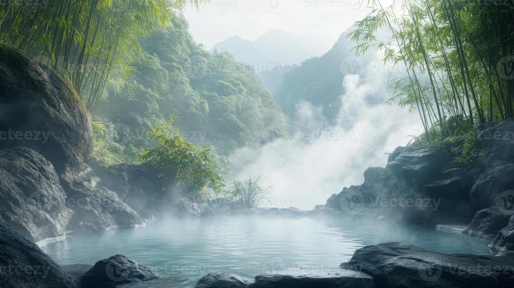 Tranquil mountain hot springs nestled amidst bamboo forest and mist for nature escape retreat photo