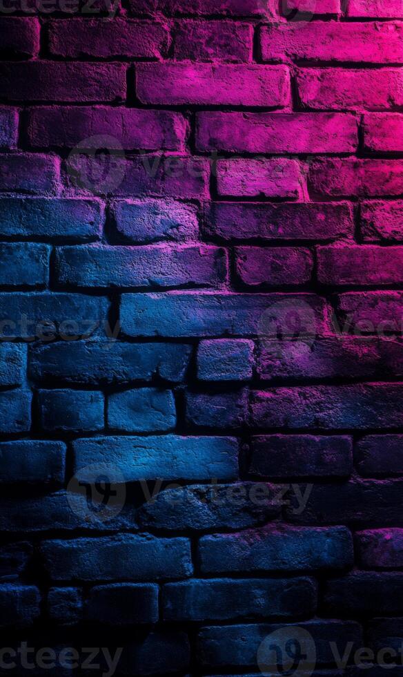 Vivid chromatic illumination revealing old brickwork texture against a darkened backdrop photo