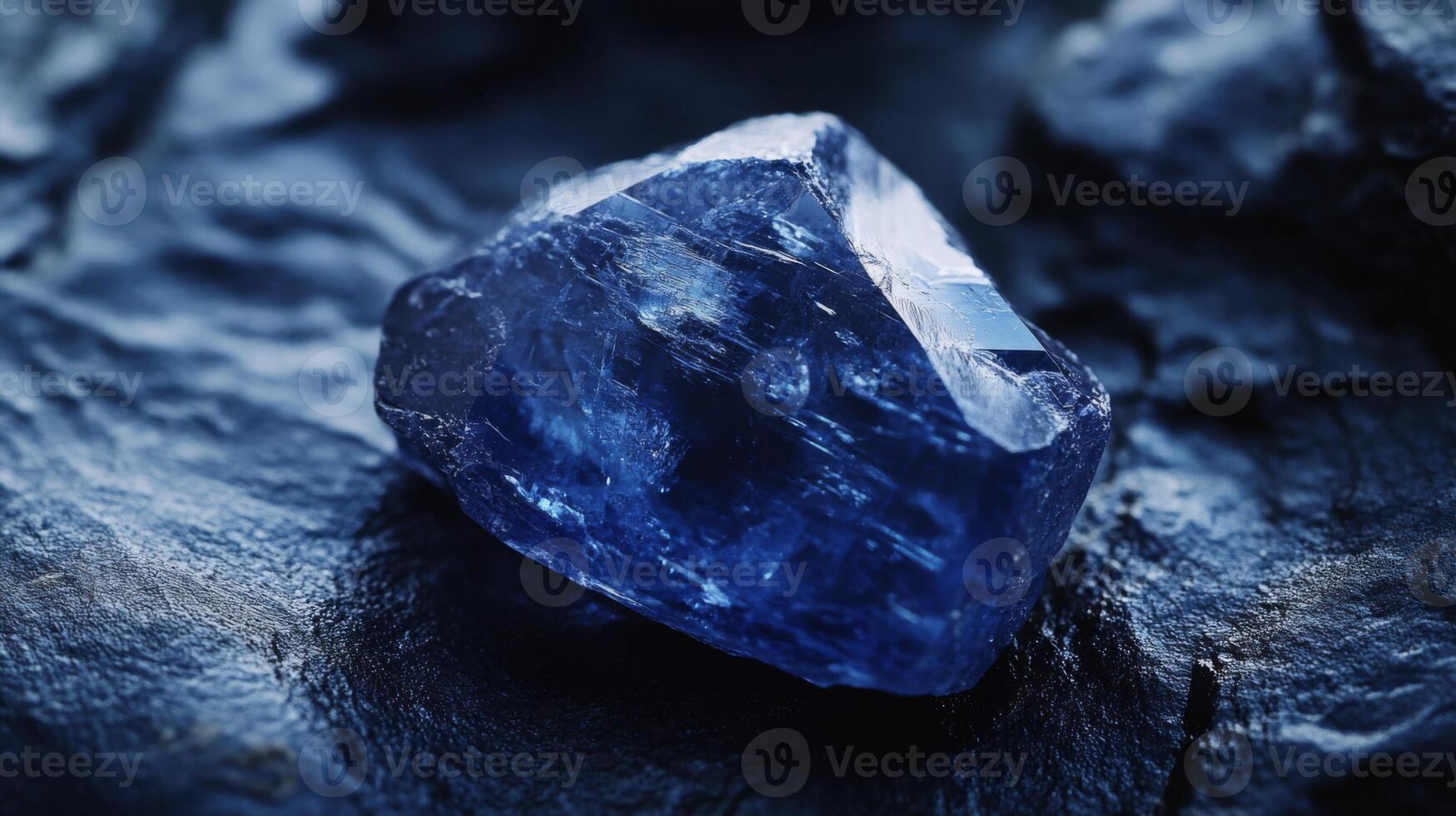 Captivating sapphire gemstone resting on a dark textured surface under delicate lighting photo